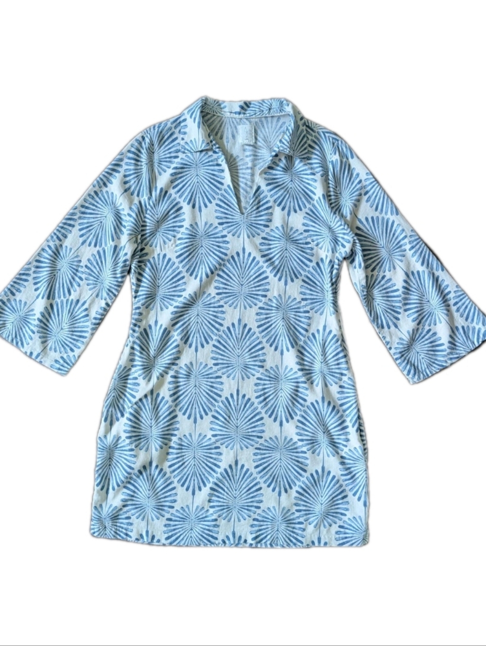 Joie Womens Linen Blend Popover Resort Dress 10 Blue Palm 3/4 Sleeve Pockets Zip